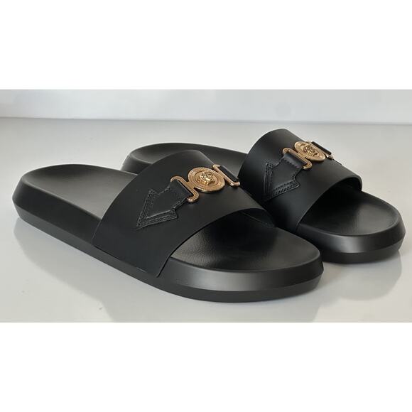 Versace Medusa Black Leather Slides Sandals 14 US (47 Euro) 1010628 NIB $490 - Picture 10 of 16
